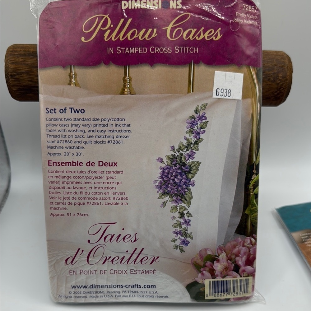 Dimensions Stamped Cross Stitch Dresser Scarf and Pillowcase Set Pretty Violets - Picture 2 of 5
